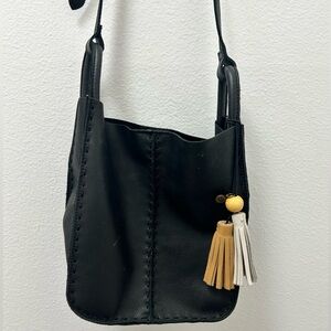 Black Leather Shoulder Bag with Tassel Accent